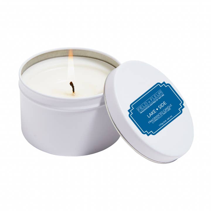 Vela Lake Side en lata blanca 6oz Ctn.6 para venta al por mayor de Hillhouse Naturals/Field+Fleur