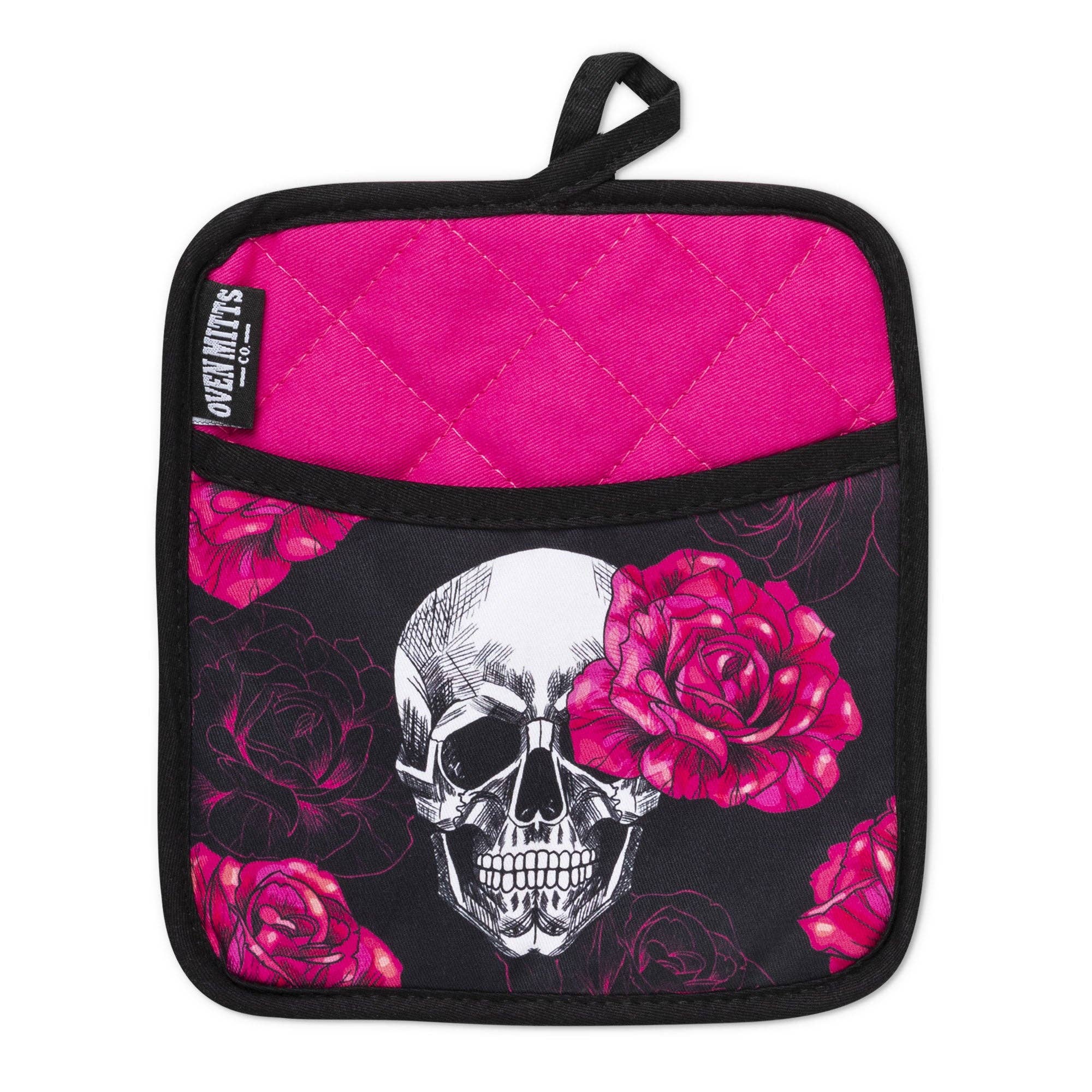Zapps Clothing - Wholesale Oven Mitt/Pot Holder - Pink Skull Rose Oven Mitts And Potholder Set2