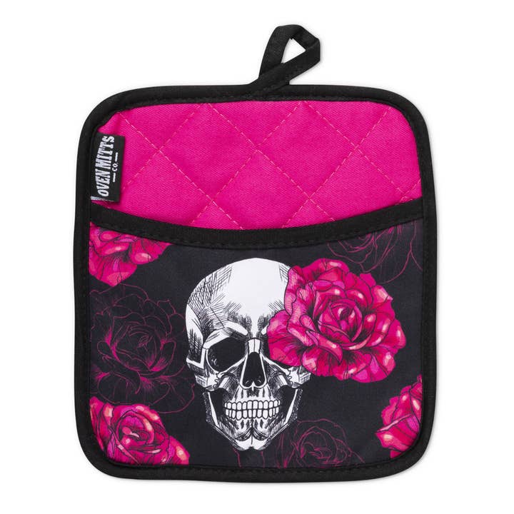 Zapps Clothing - Wholesale Oven Mitt/Pot Holder - Pink Skull Rose Oven Mitts And Potholder Set2
