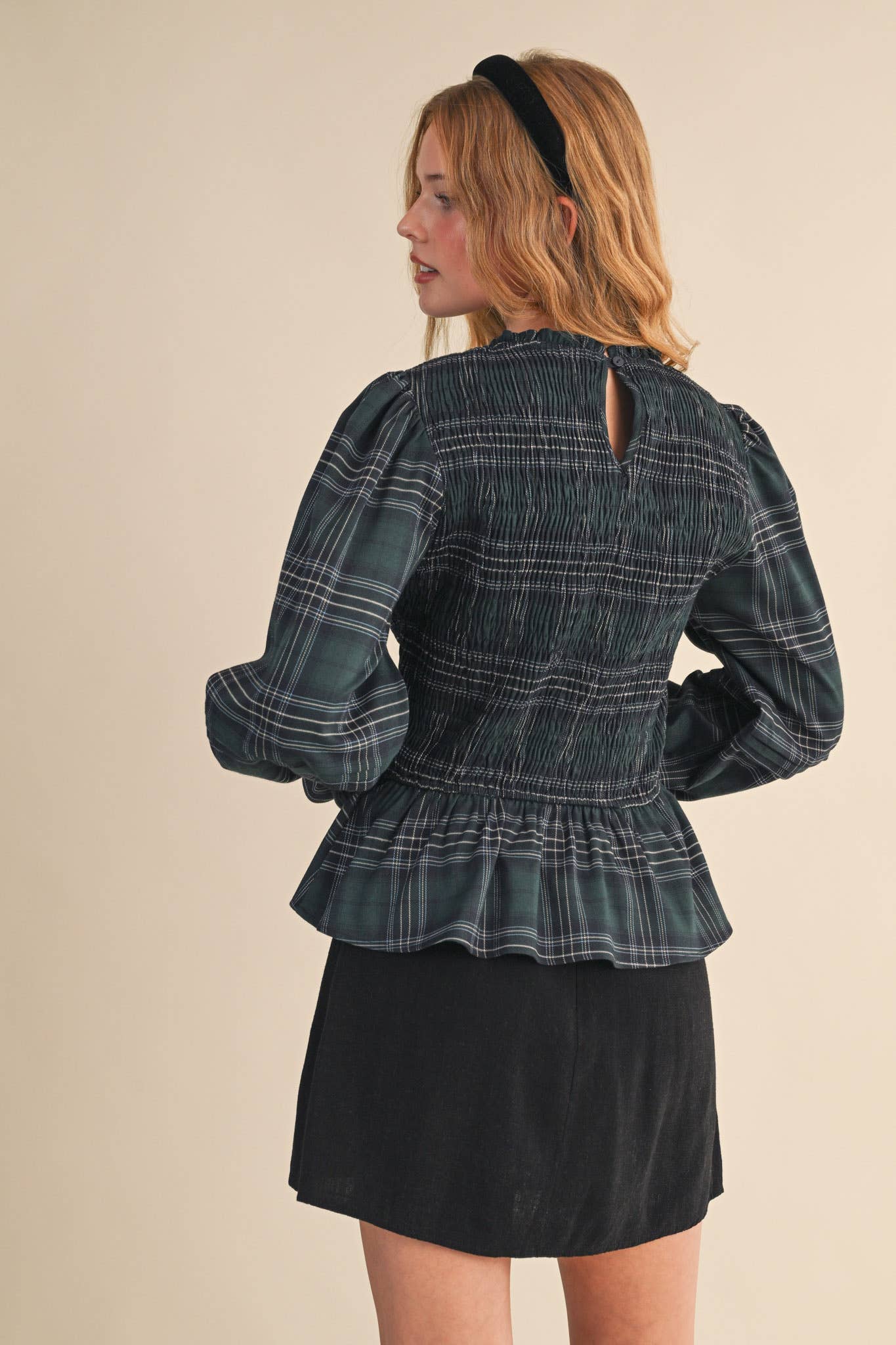 SMOCKED PLAID PUFF SLEEVE PEPLUM TOP MTP4192 for wholesale on Faire3