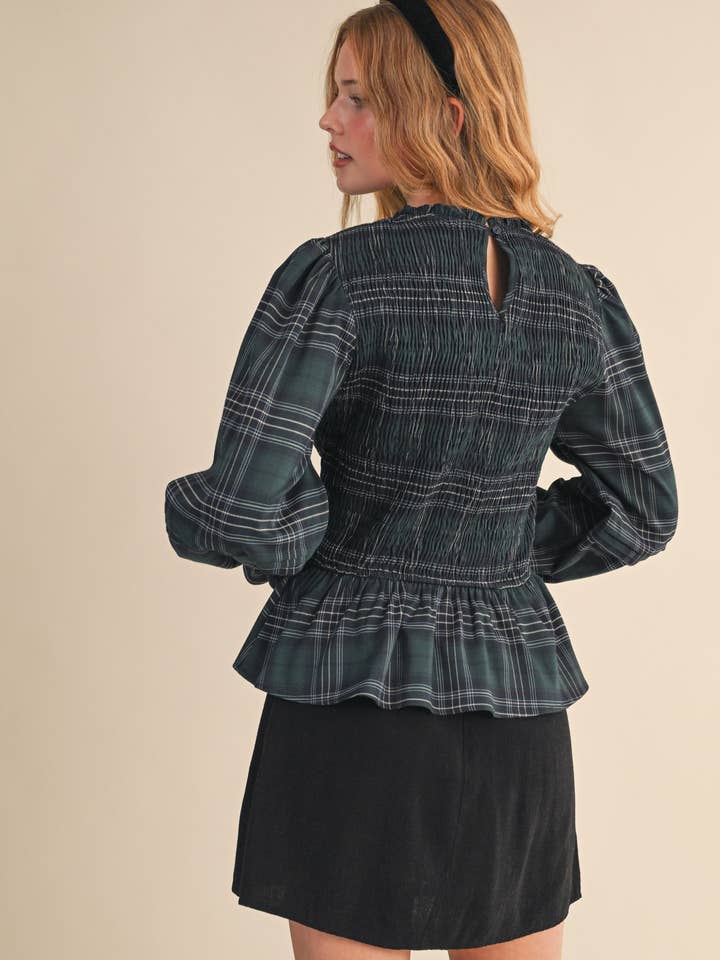 SMOCKED PLAID PUFF SLEEVE PEPLUM TOP MTP4192 for wholesale on Faire3