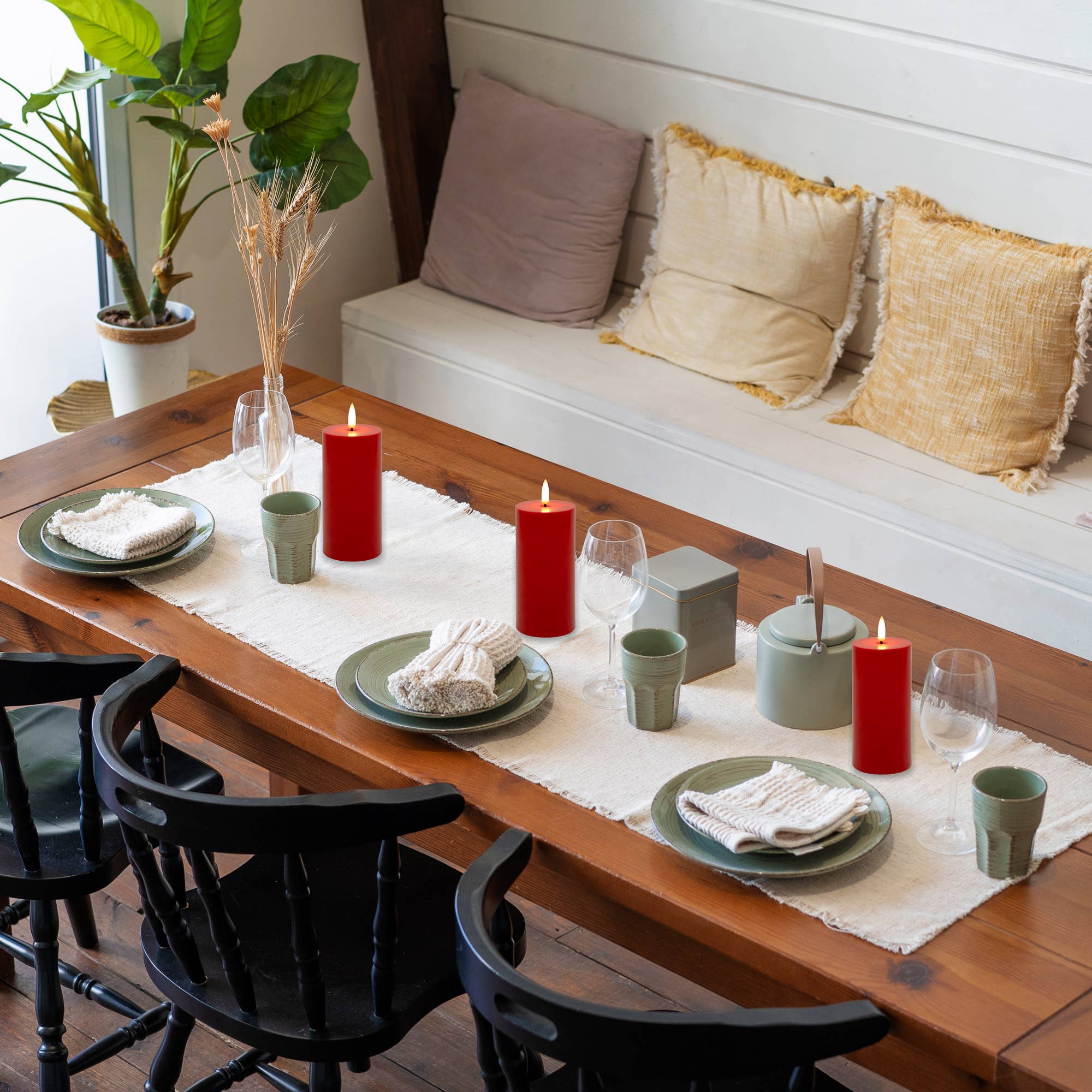 LumaBase - Wholesale Flameless Candle - Battery Operated 3D Wick Flame Pillars, Red - Set of 32