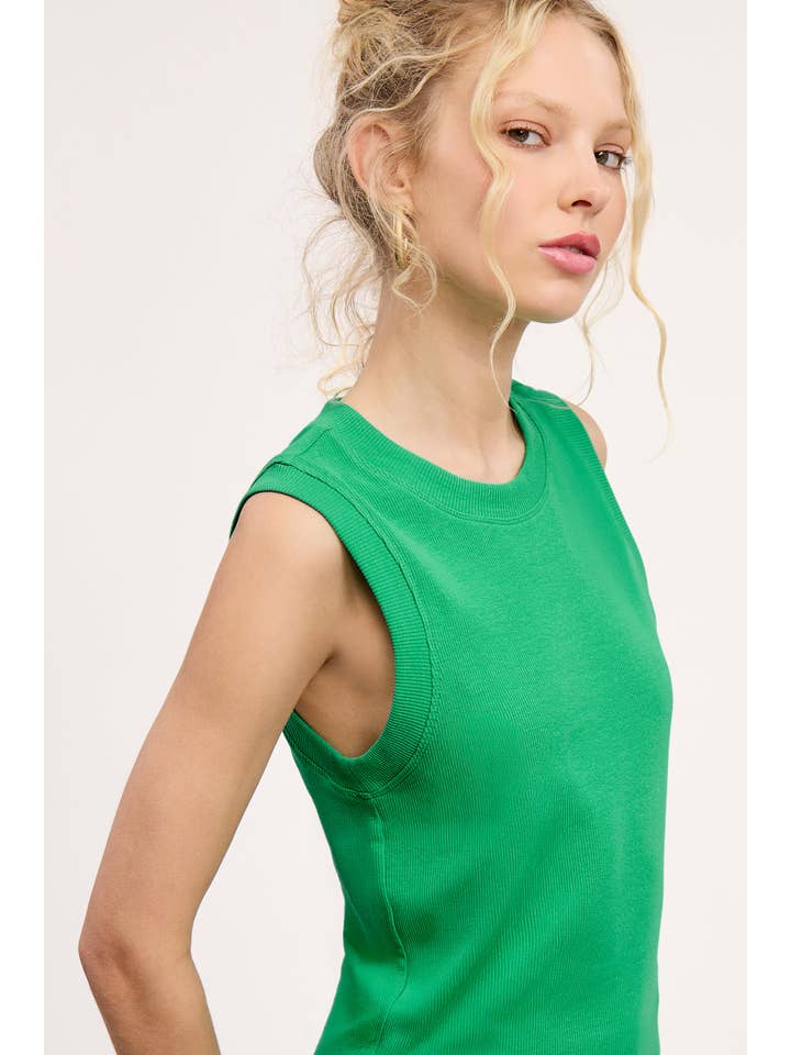 La Miel - Wholesale Tank Top - Women's - HUT7340-Stretchy Basic Ribbed Sleeveless Crew Neck Top