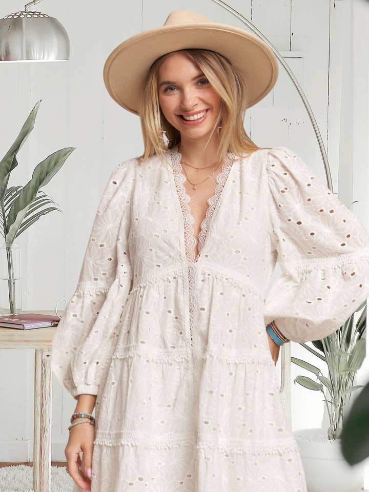 LED3529WN- 3/4 SLEEVE EYELET DRESS for wholesale by Madelyn