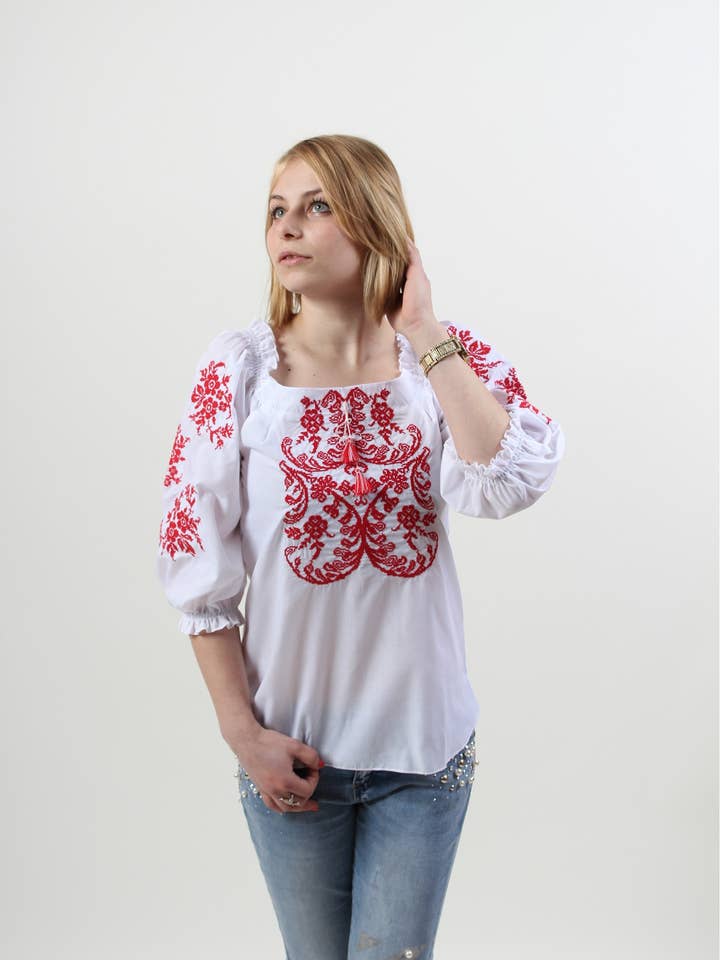 Blusa bordada roja y blanca Euphoria para venta al por mayor de Galychanka