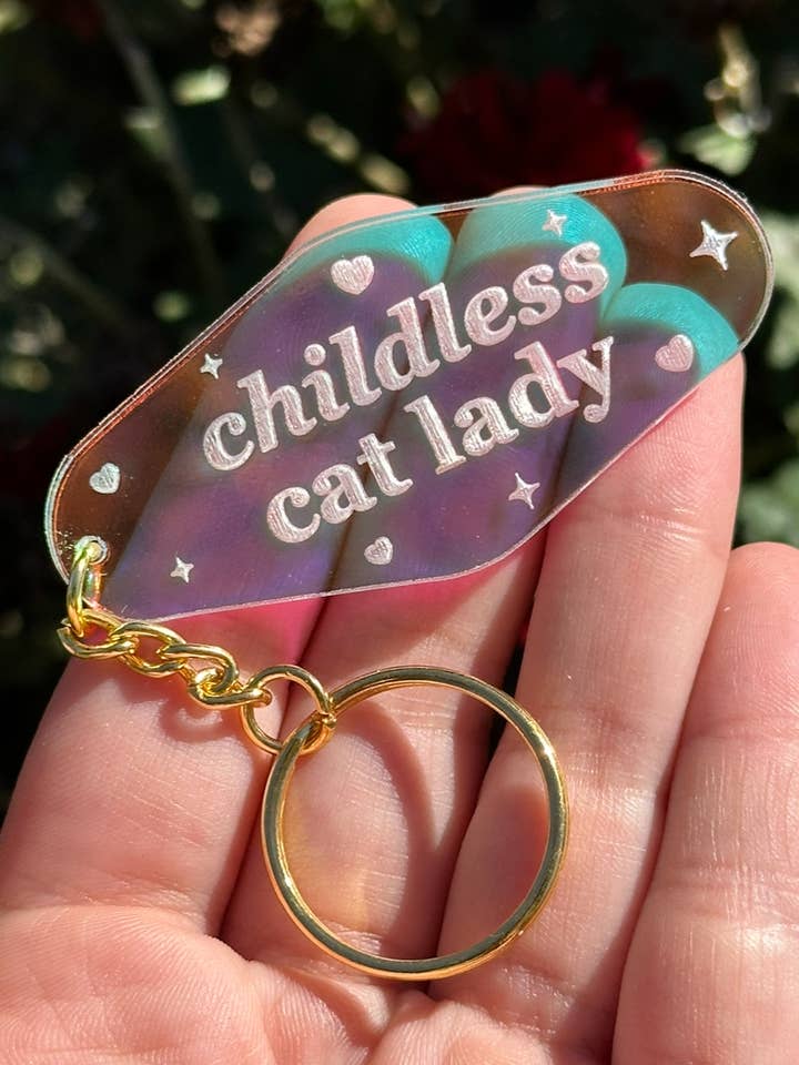 Childless Cat Lady Motel Iridescent Keychain for wholesale by ShlemonArt