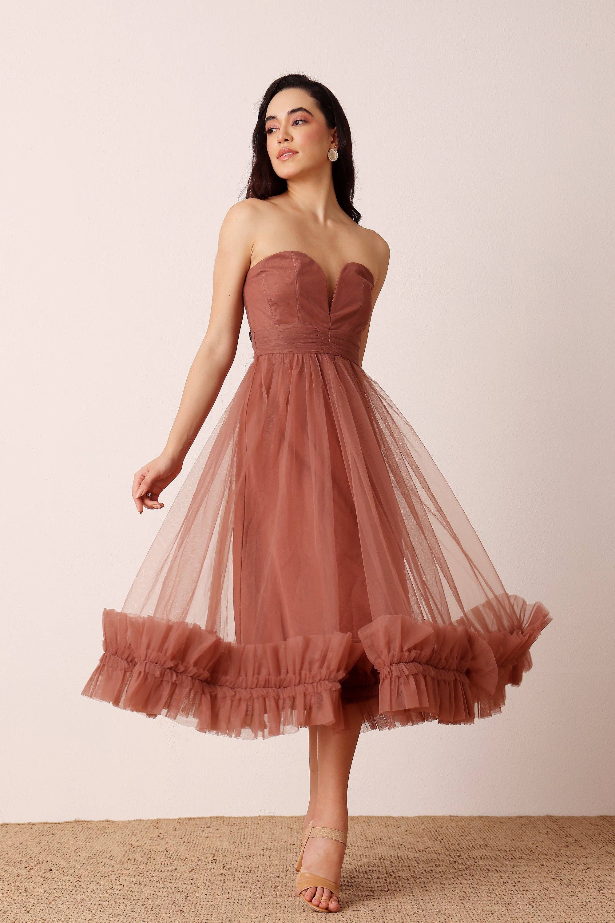 Orion Tulle Midi Dress in Rose Brown for wholesale on Faire5