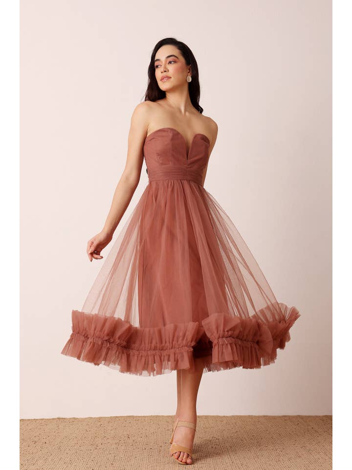 Orion Tulle Midi Dress in Rose Brown for wholesale on Faire5