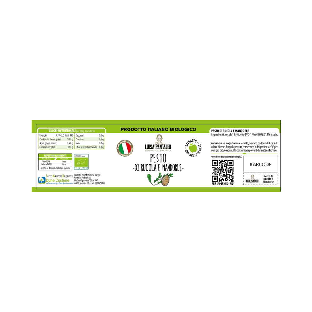 PANTALEO AGRICOLTURA SOC. AGR. SRL - Vente Pestos - Pesto bio à la roquette et aux amandes, fabriqué en Italie1