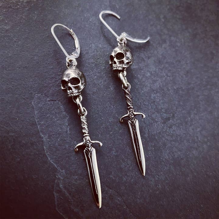 Skull & Dagger Earrings - White Bronze for wholesale by Lost Apostle