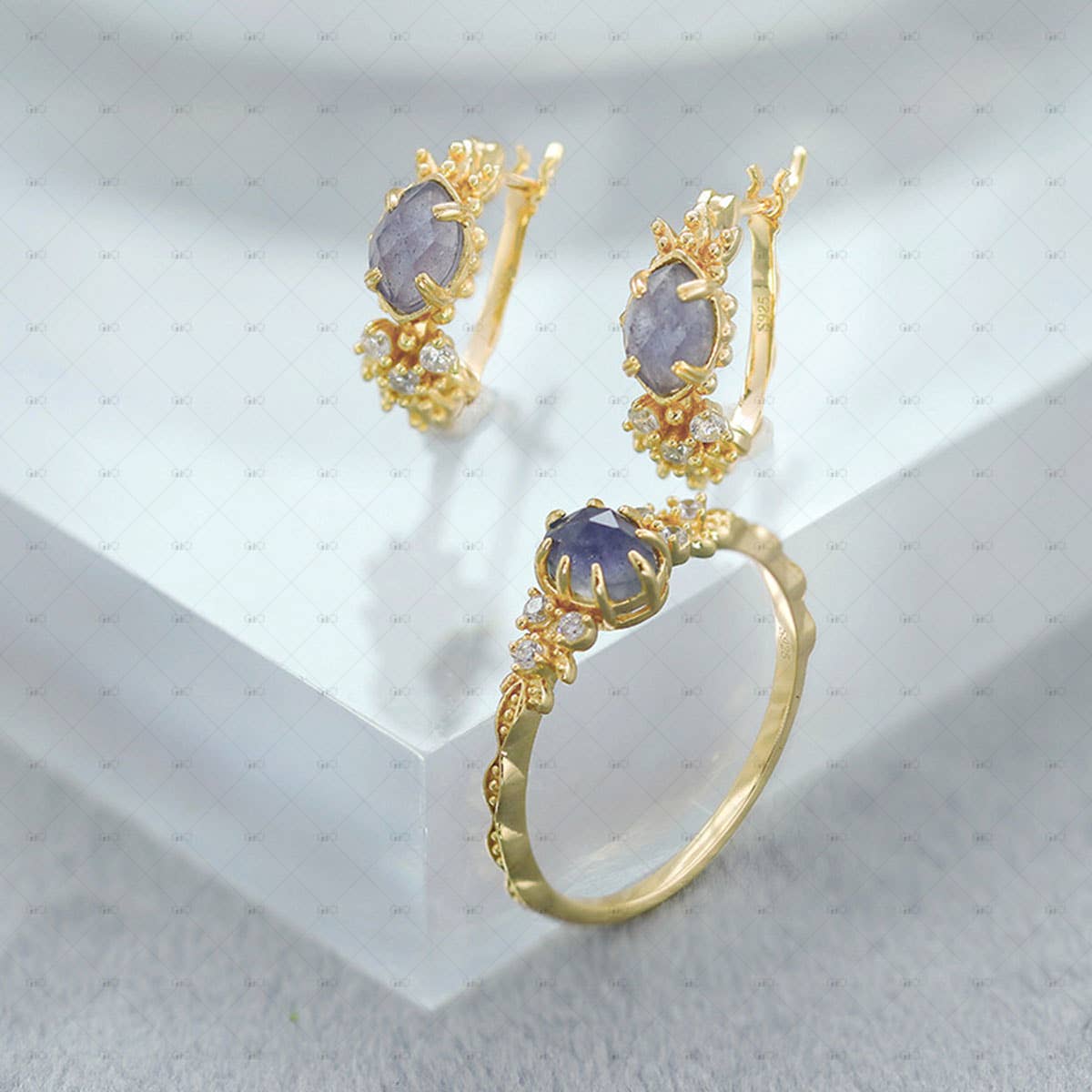 Gioiellin - S925 Silver Jewelry - Wholesale Multi-Stone Ring - S925 Sterling Silver 14k Gold Plated Cordierite Ring1