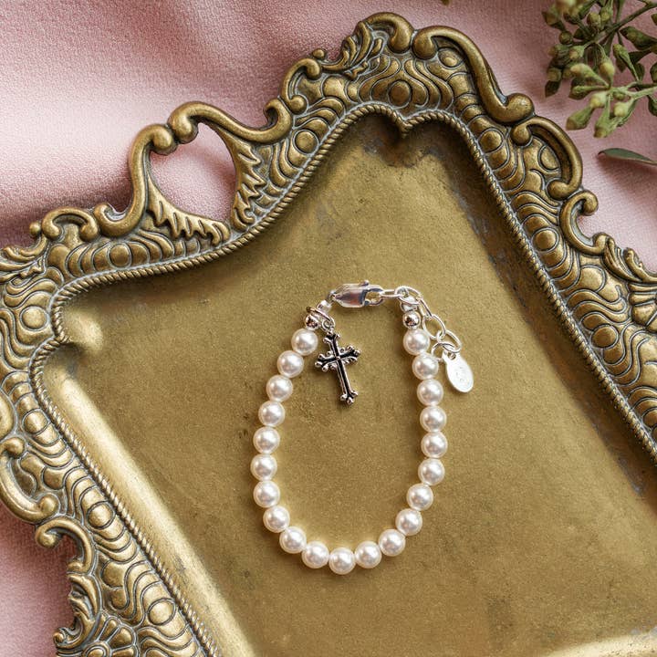 Cherished Moments - Wholesale Beaded Bracelet - Kids - Girls Silver Pearl Cross Baby Baptism and Communion Bracelet