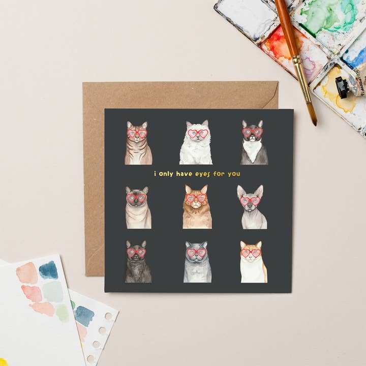 Cat Only Got Eyes For You Love Gold Foil card for wholesale by lil wabbit