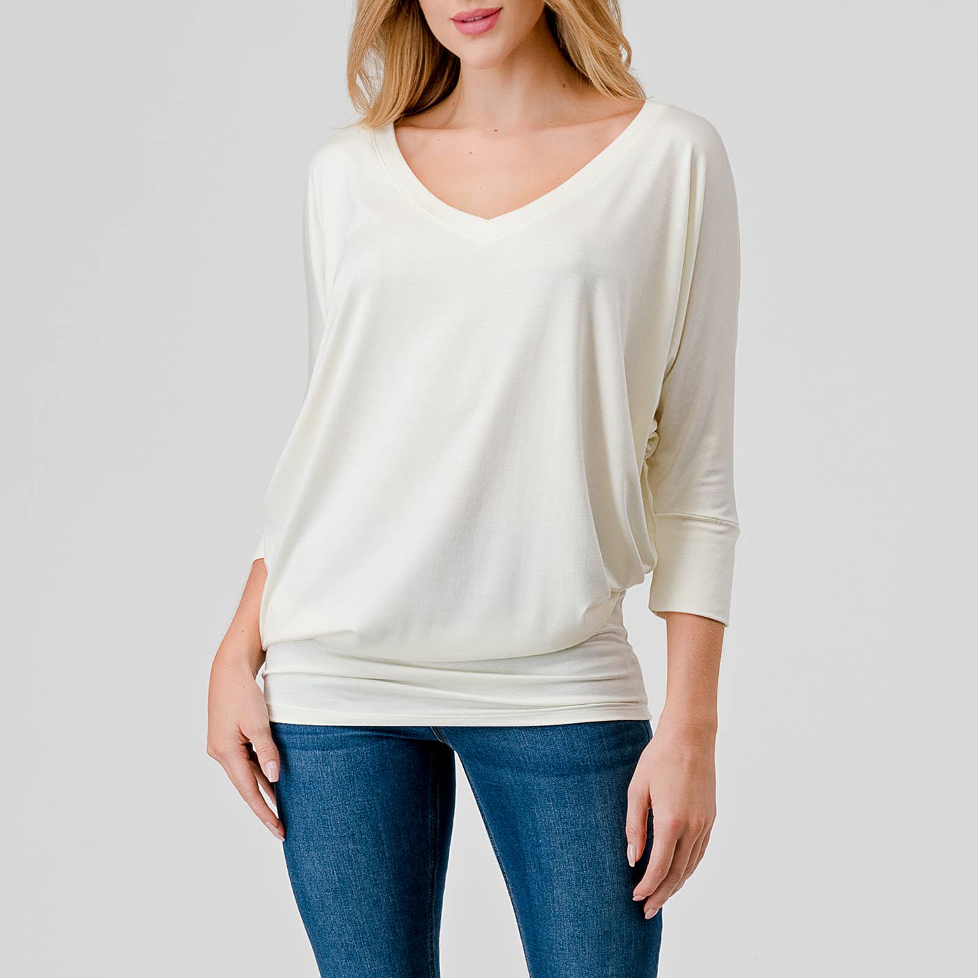 Heimious - Wholesale Knit Top - Women's - 3/4 Dolman Sleeve V-neck Modal Jersey Top, 257332