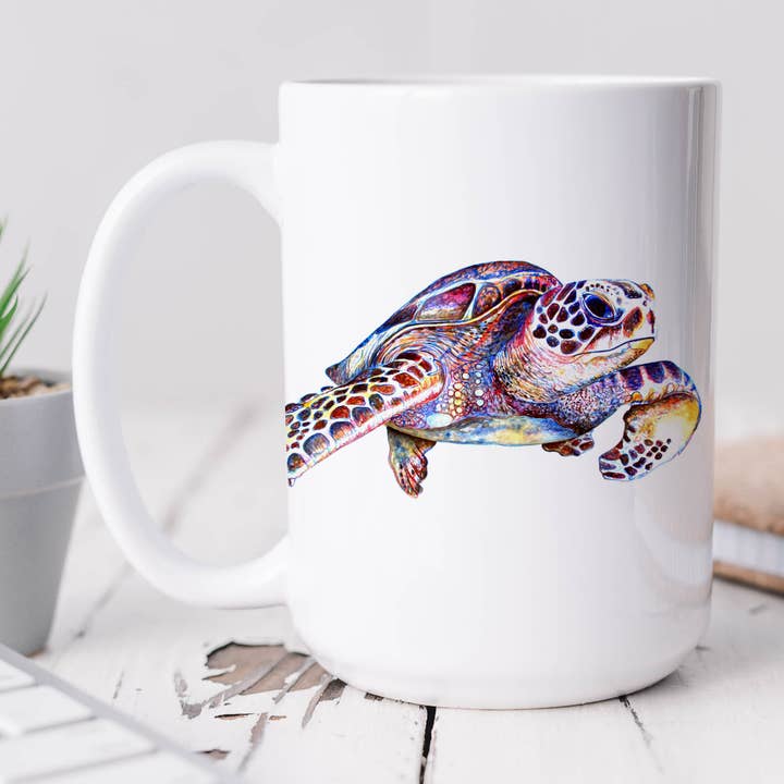 Swimming Sea Turtle Watercolor Artwork 15 oz Ceramic Mug for wholesale by The Ship's Hold