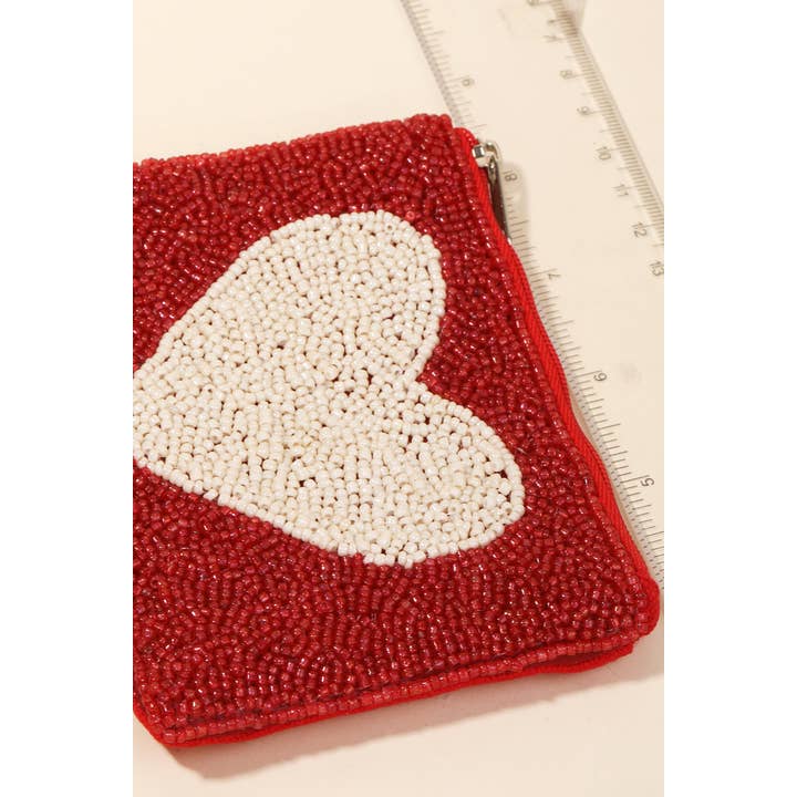 RED White Heart Seed Beaded Coin Purse for wholesale on Faire
