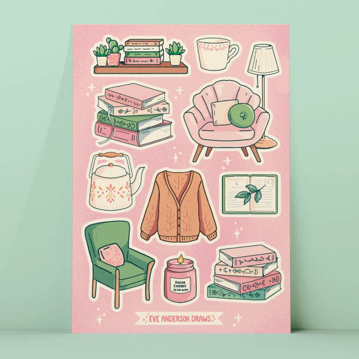 Eve Anderson Draws - Wholesale Sticker - Cozy Reading Sticker Sheet - A6