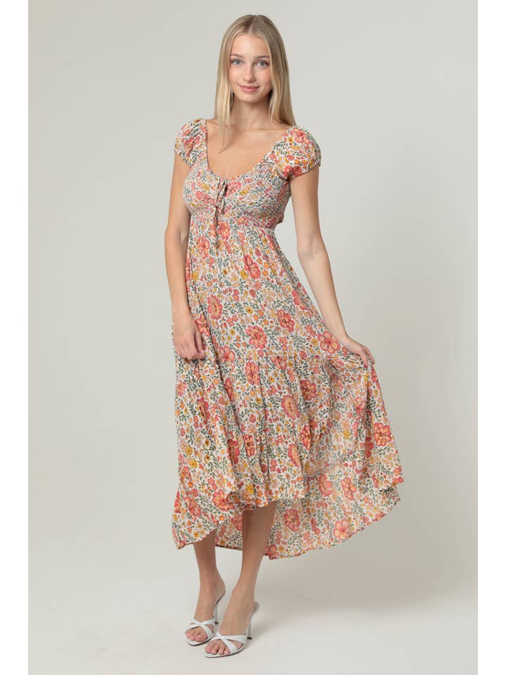 ANGIE - Wholesale Dress - Women's - F4K79-WA34 CAP SLEEVE WITH TIE FRONT AND SMOCKED BODICE