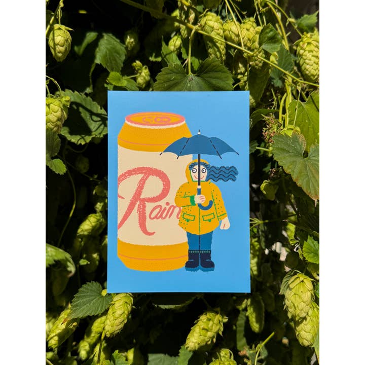 Wug Prints - Wholesale Postcard - Rainy Day Rainier Beer and Girl with Umbrella Postcard