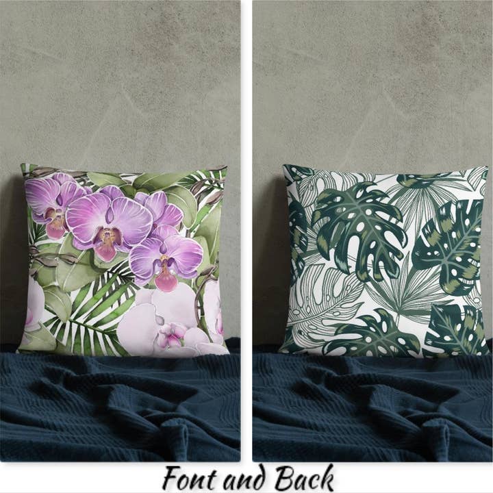 Coussin orchidée et feuilles vertes pour la vente par Cushion Covers Store