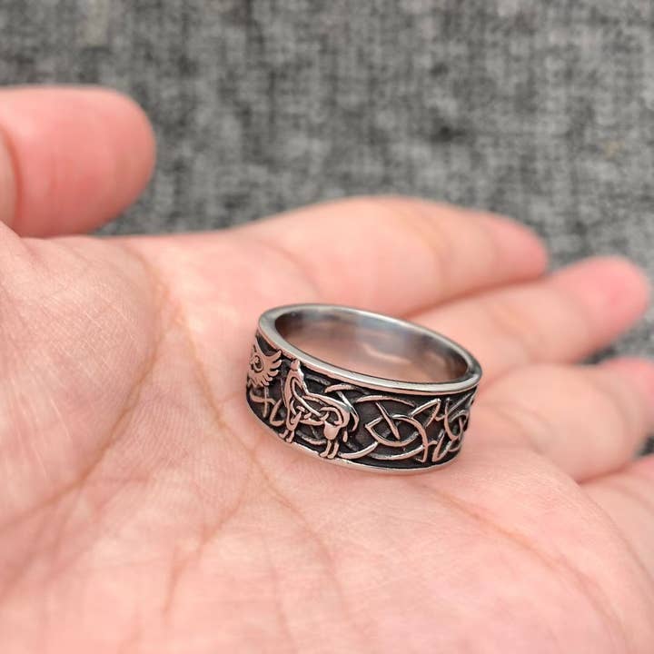 Mio Queena - Wholesale Band/Stacked Ring - Viking Eagle & Wolf Celtic Knot Stainless Steel Ring - MJ/MR