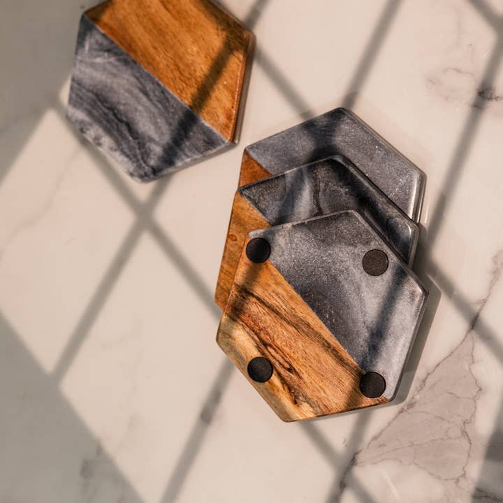 LuxeDesigns Co LLC - Wholesale Coasters - Artisan Marble and Wood Hexagon Coaster Set of 4 - Black2