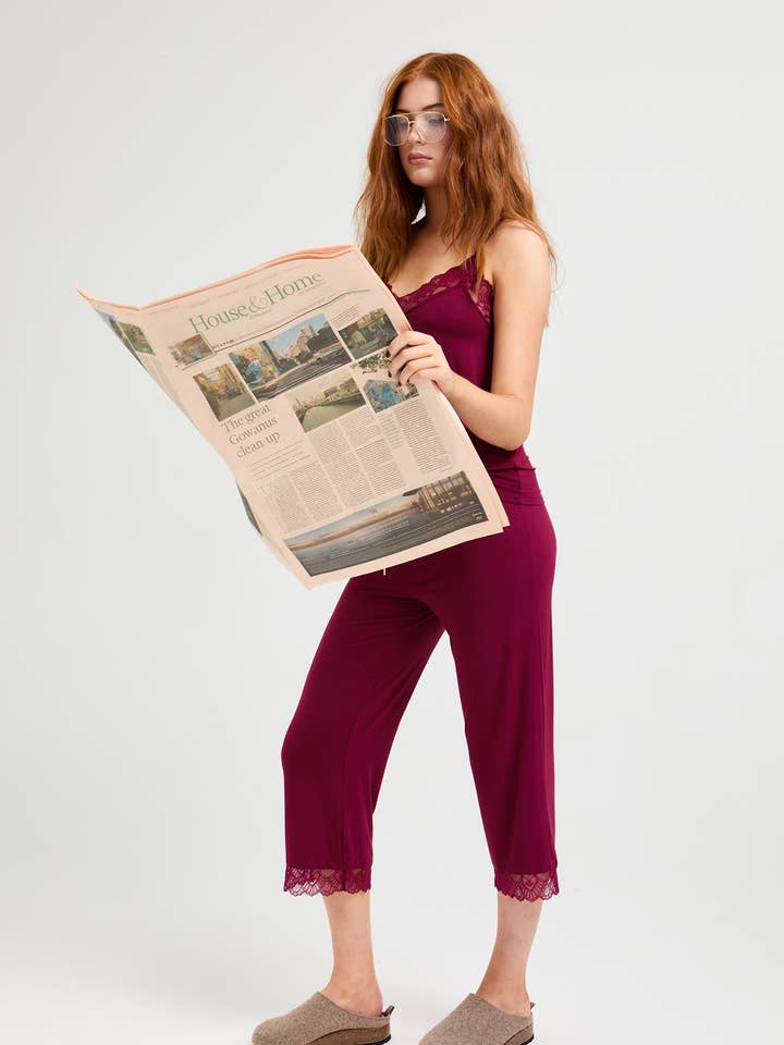 Bamboo Lace Cami and Cropped Trouser PJ Set in In Bordeaux for wholesale on Faire3