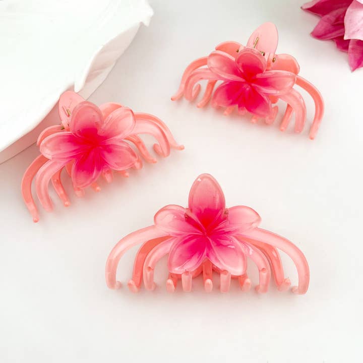 Pink Plumeria Flower Plant Acetate Hair Claw Clip for wholesale on Faire2