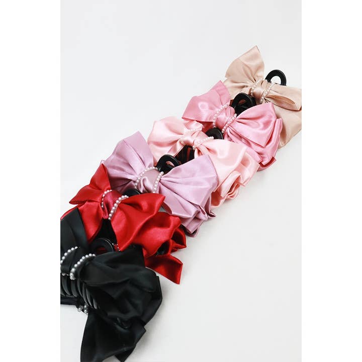 MIX COLOR Satin Bow with Pearl Bead Hair Claw for wholesale on Faire