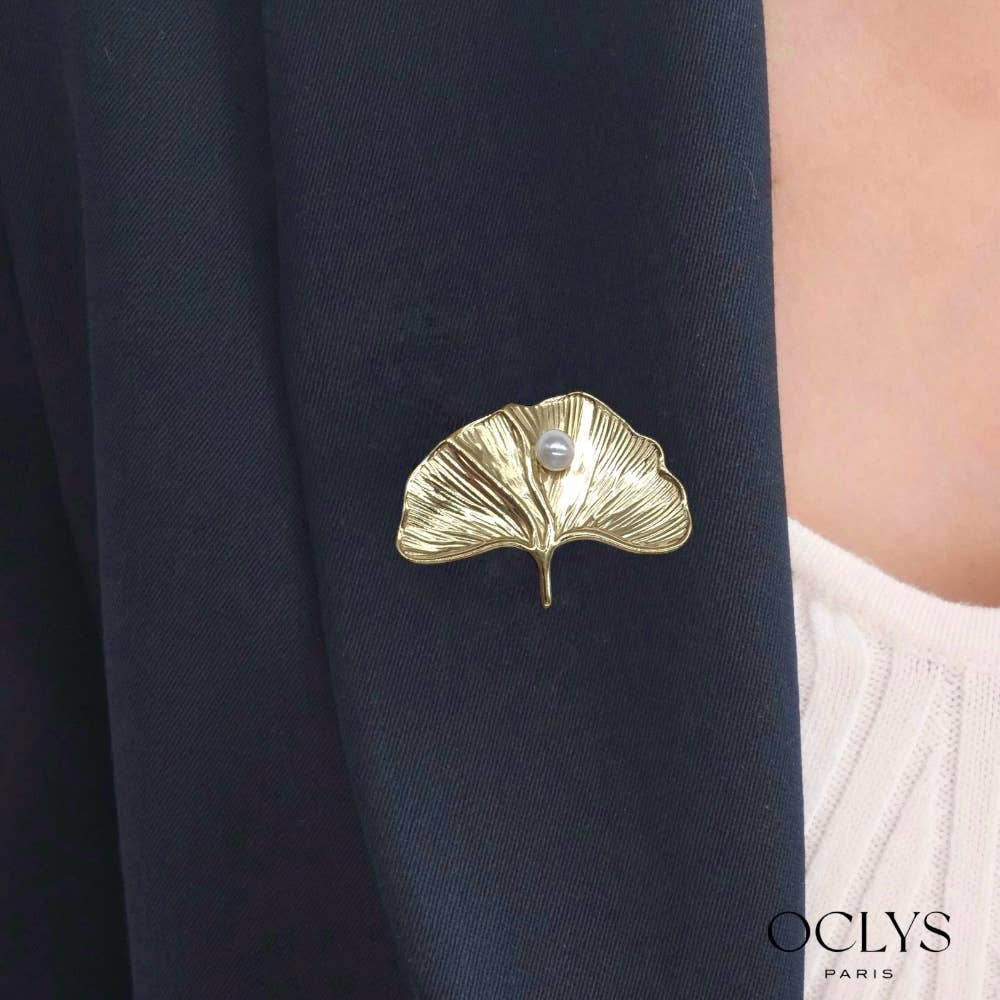 Oclys - Vente Broches - Broche feuille de ginkgo perle acier inoxydable doré Osaka0