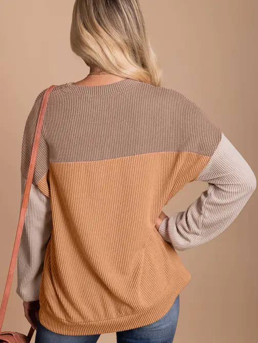 Lovesoft - Wholesale Knit Top - Women's - Khaki Block Long Sleeve Ribbed Loose Casual Top1