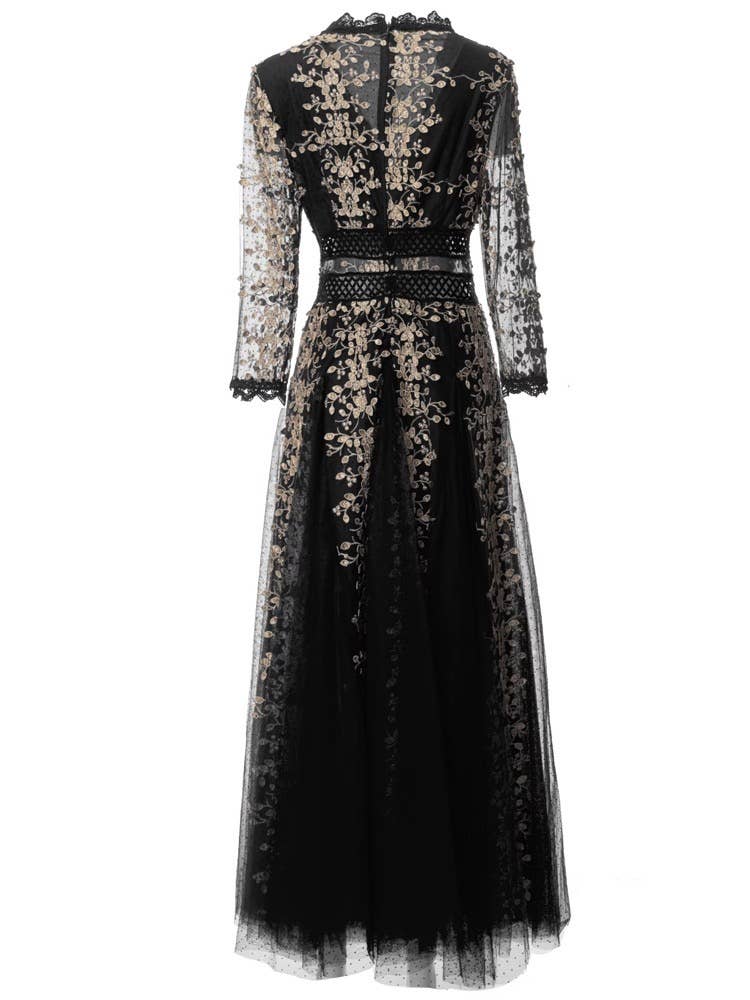 Productseeker – wholesale Gown – Women's – DR816L V-Neck Mesh Dress with Handmade Floral Embroidery1