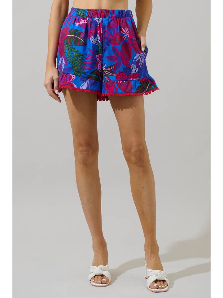 BLUE PINK COMBO Mela Tropics Evel Ruffle Shorts for wholesale on Faire