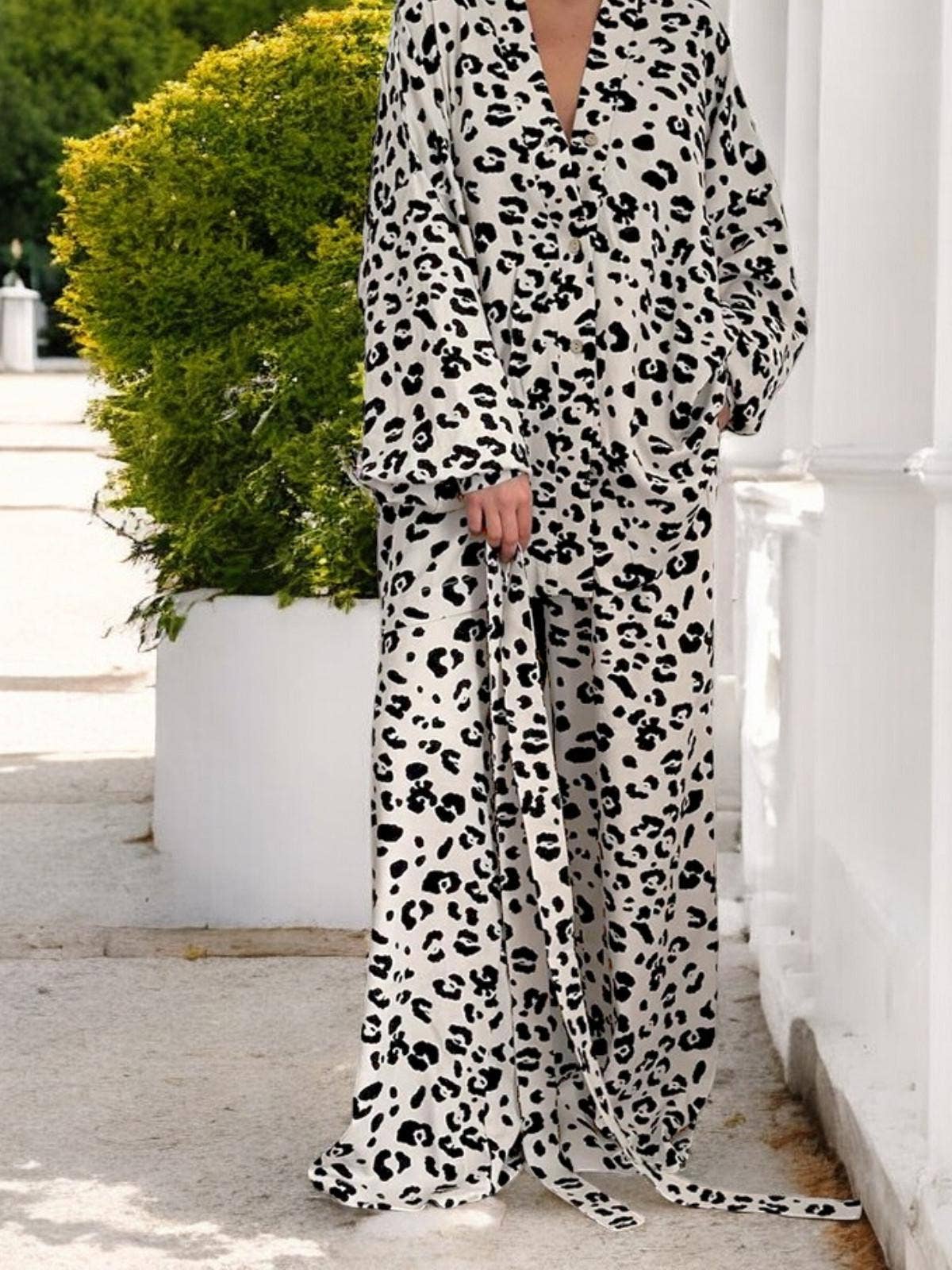 White Leopard Print Lounge Shirt and Pants Set for wholesale on Faire3