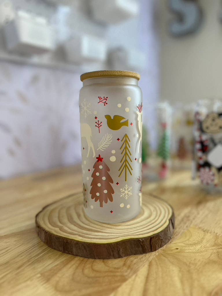 SKS Design Studio - Wholesale Drinking Glass/Cup - Winter Magic | UVDTF | 20 oz Libbey Can Glass with Bamboo Lid & Straw1