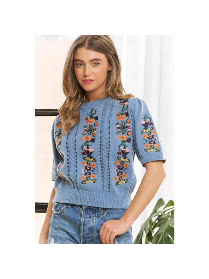 Sweet Generis - Wholesale Knit Sweater - Women's - CUTE FLORAL EMBROIDERY CASUAL PULLOVER SWEATER12