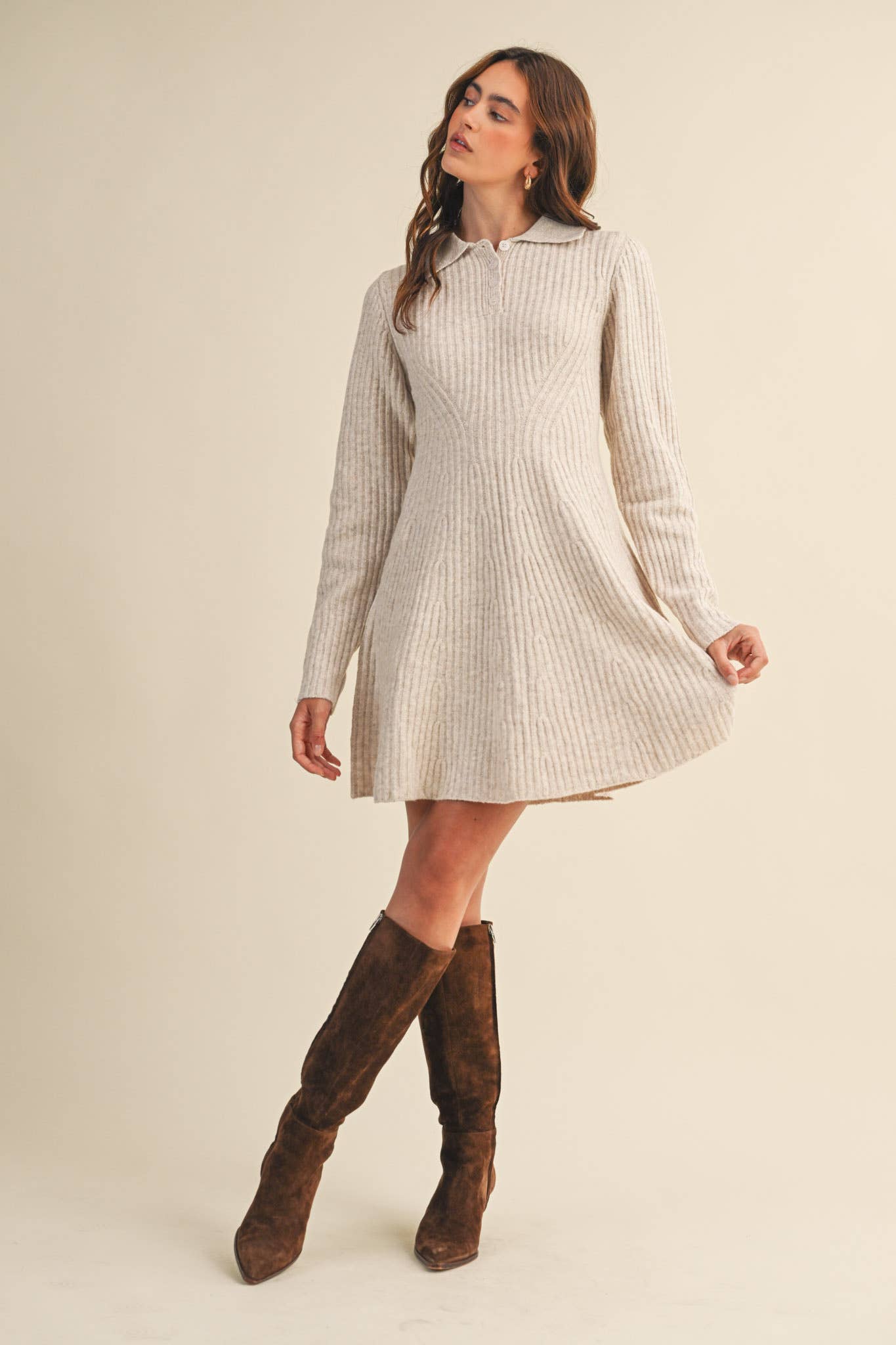 &MERCI - Wholesale Dress - Women's - RIBBED SWEATER FLARED MINI DRESS MSW1096827