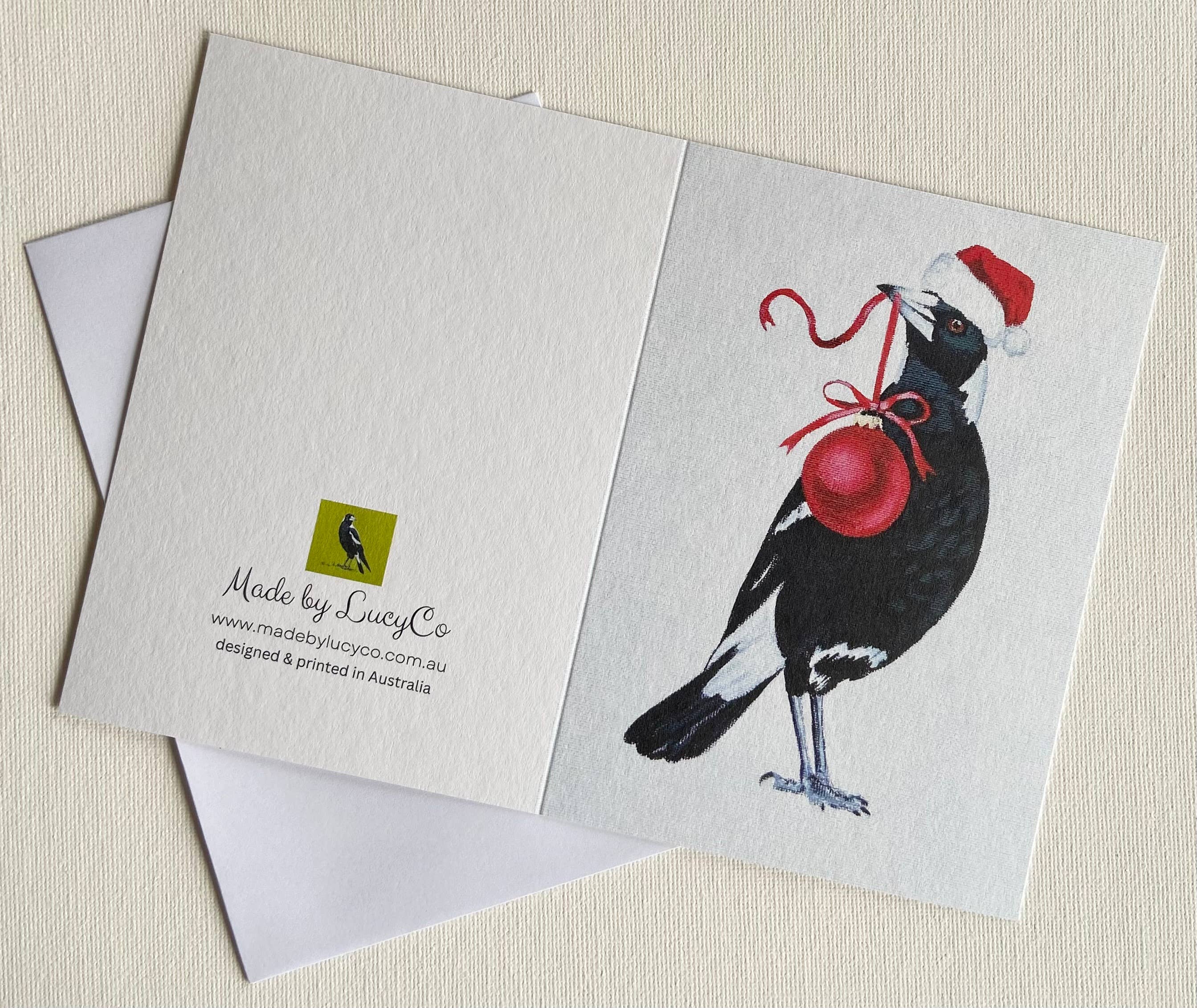 Lucinda Cotter Art - Wholesale Christmas Card - Christmas Magpie with Bauble Greeting Card1