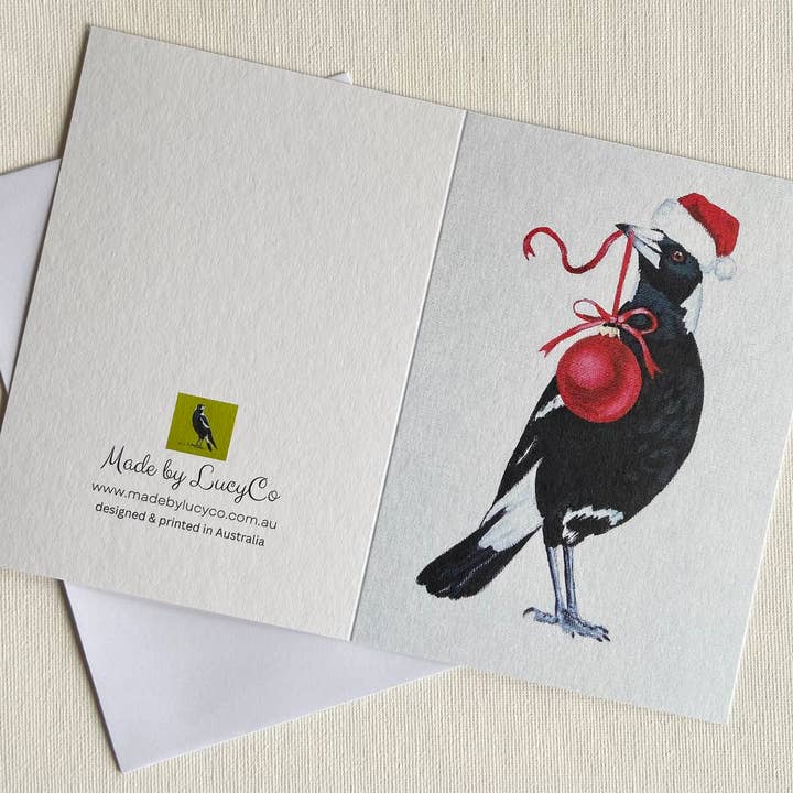 Lucinda Cotter Art - Wholesale Christmas Card - Christmas Magpie with Bauble Greeting Card1