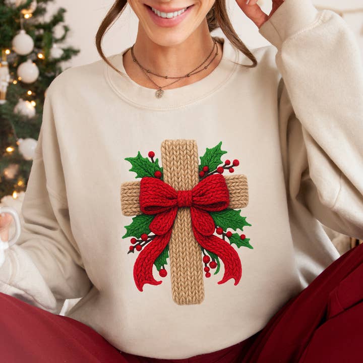Faux Yarn Christmas Cross Sweatshirt for wholesale by Trendy Tee Co.