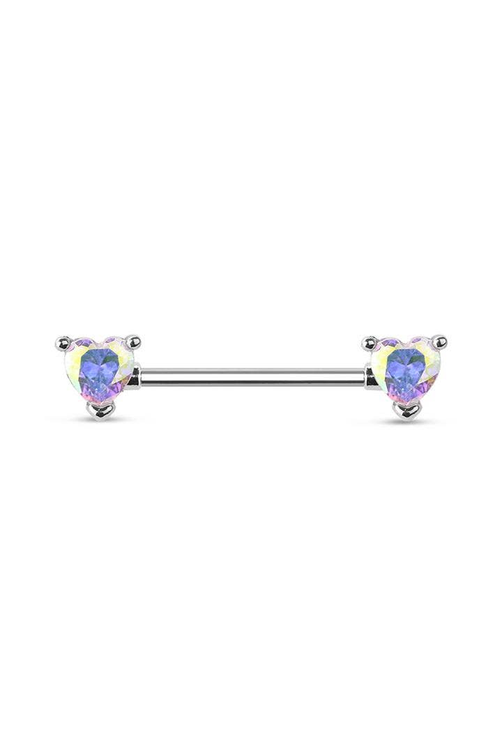 CRAVE - Wholesale Nipple Ring - DOUBLE HEART CZ PRONG SET 316L SURGICAL STEEL NIPPLE BAR0