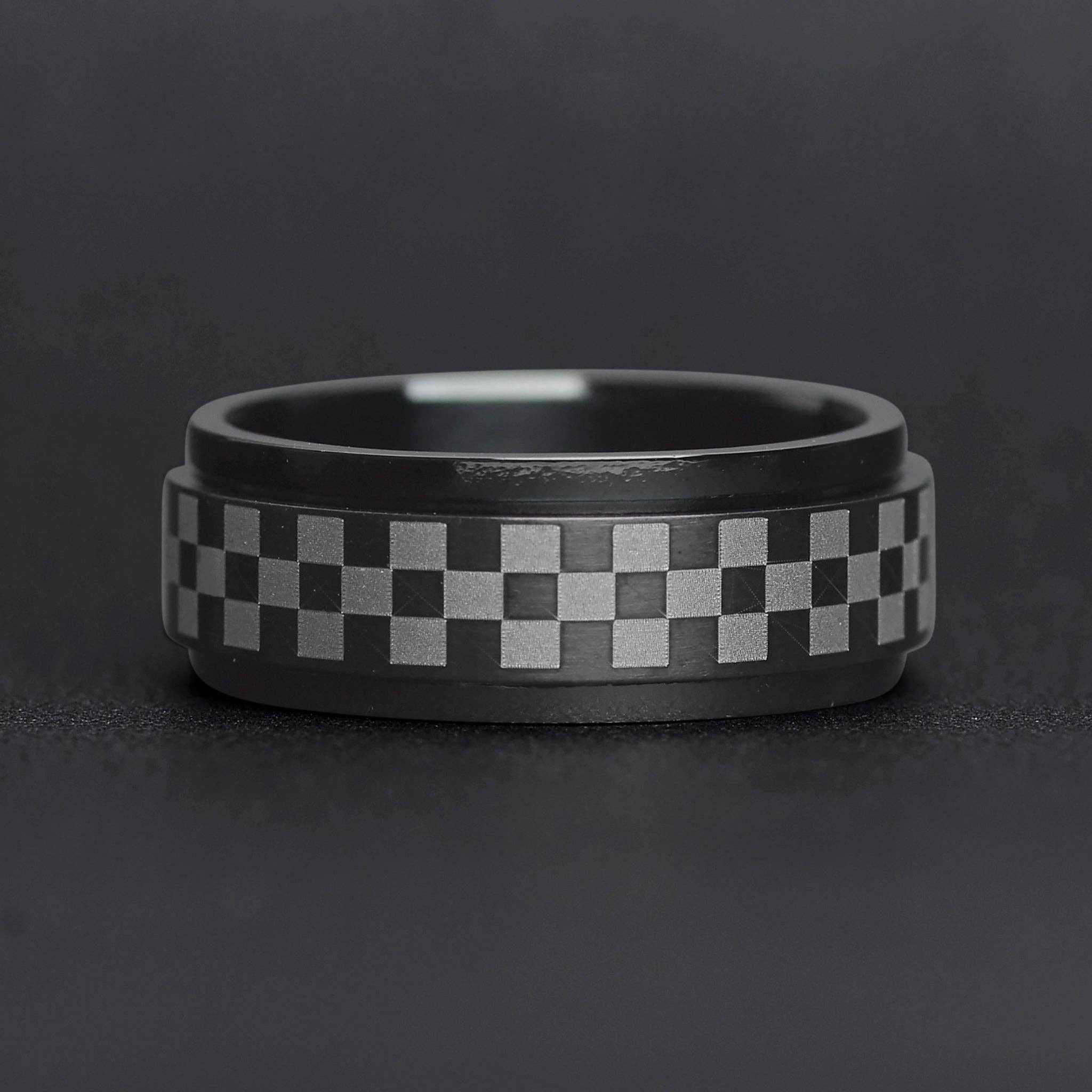 WJW - Wholesale Band/Stacked Ring - Black Checker Stainless Steel Spinner Ring2