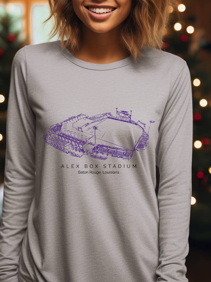 Uncommon Label - Wholesale Screen printed t-shirt – Women′s - Alex Box Stadium Louisiana Adult Long Sleeve Tee (Purple)1