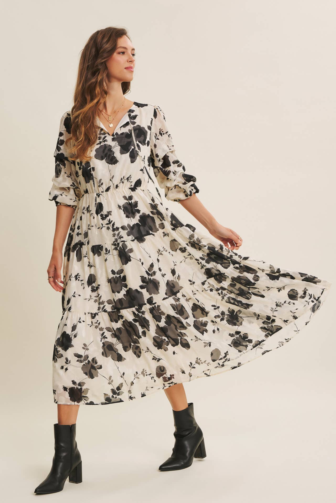 in february - Wholesale Dress - Women's - DREAMY JACQUARD FLORAL MIDI DRESS WITH STATEMENT SLEEVES3