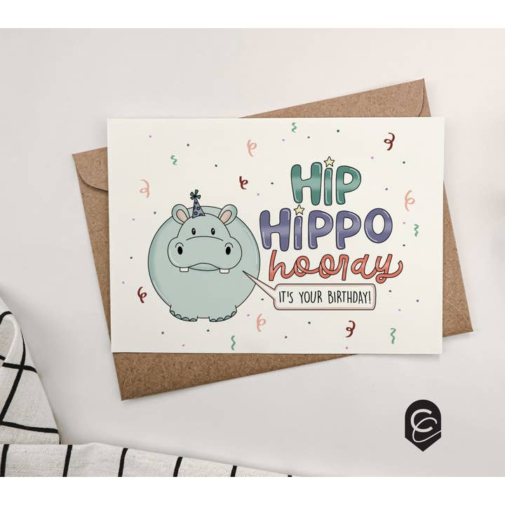 Hippo Hooray Birthday Card for wholesale by Curiously Cursive