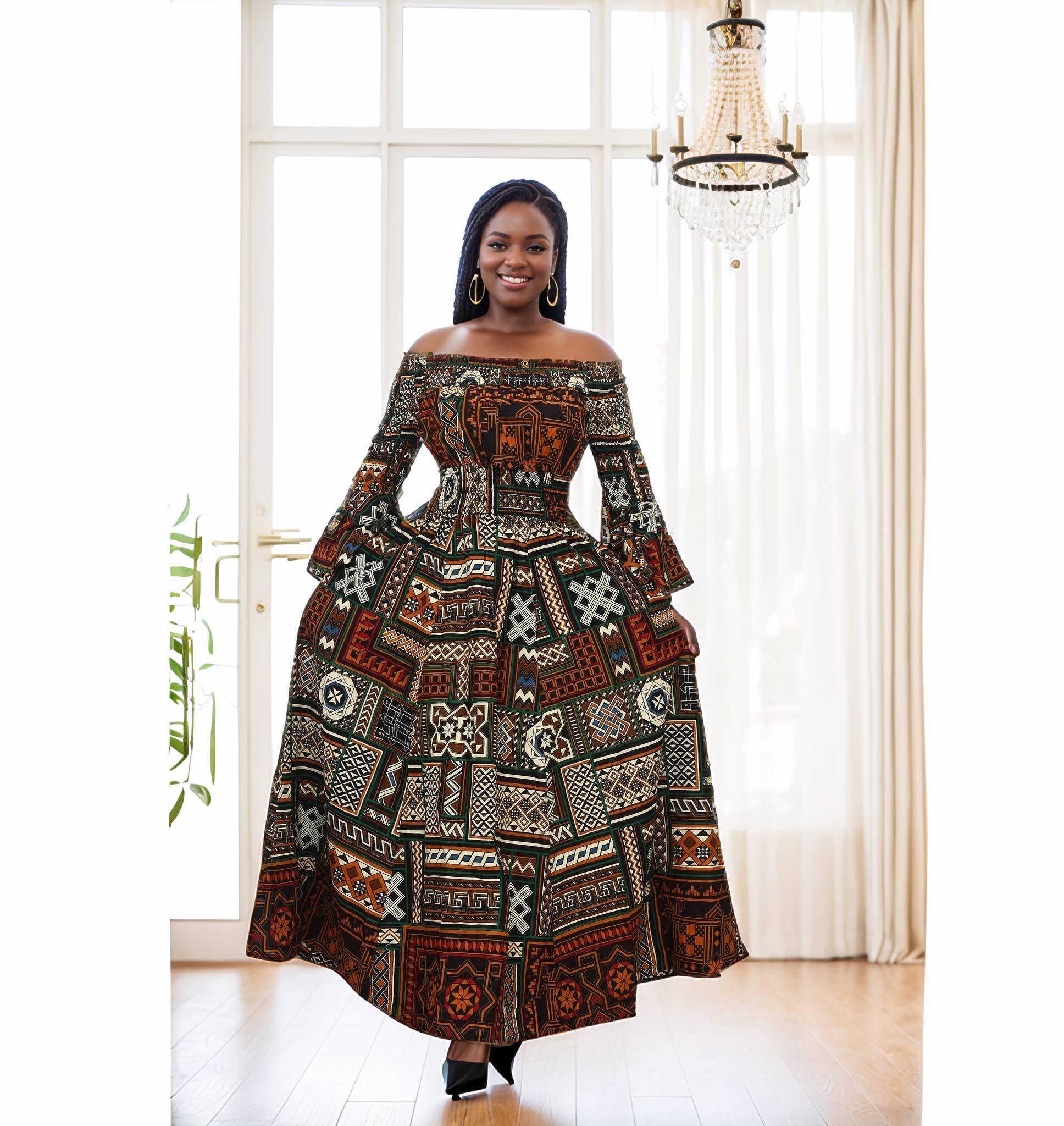 (7556-465) Women's Off Shoulder African Print Black Dress for wholesale on Faire