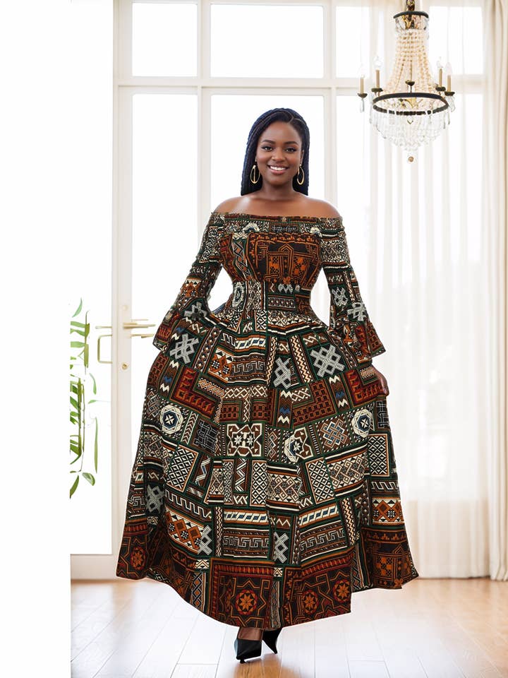 Negro Vestido Negro con Estampado Africano de Mujer sin Hombros (7556-465) de venta al por mayor en Faire0