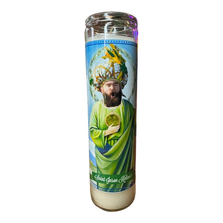 Jason Kelce Devotional Prayer Candle for wholesale by The Luminary and Co.
