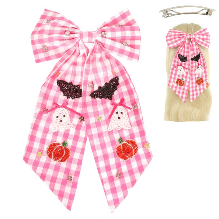 SP Sophia Collection - Wholesale Hair Clip - Women's - Halloween Bow Ribbon Barrette Hair Clip with Beaded Bat