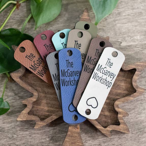Personalized Labels for Handmade Items, Custom Faux Leather Tags for Knitting and Crochet, No Sew Logo, 3" x 1" for wholesale by The McGarvey Workshop